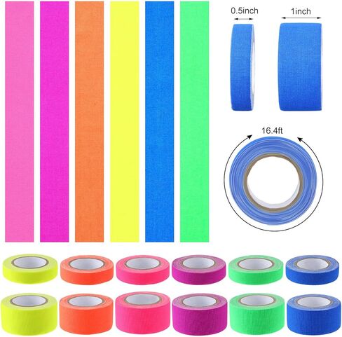 شريط Meanplan 12 لفة للأشعة فوق البنفسجية، 6 ألوان شريط نيون فلورسنت تفاعلي للضوء الأسود من القماش الملون يتوهج في الظلام لوازم حفلات النيون لتزيين غرفة الحفلات المتوهجة في الهالوين in Kuwait