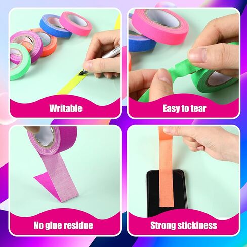 شريط Meanplan 12 لفة للأشعة فوق البنفسجية، 6 ألوان شريط نيون فلورسنت تفاعلي للضوء الأسود من القماش الملون يتوهج في الظلام لوازم حفلات النيون لتزيين غرفة الحفلات المتوهجة في الهالوين in Kuwait