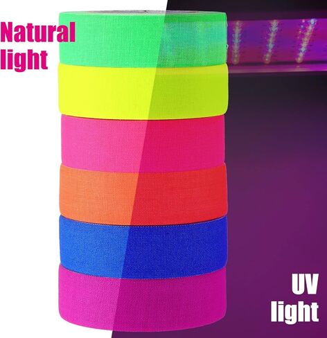 شريط Meanplan 12 لفة للأشعة فوق البنفسجية، 6 ألوان شريط نيون فلورسنت تفاعلي للضوء الأسود من القماش الملون يتوهج في الظلام لوازم حفلات النيون لتزيين غرفة الحفلات المتوهجة في الهالوين in Kuwait