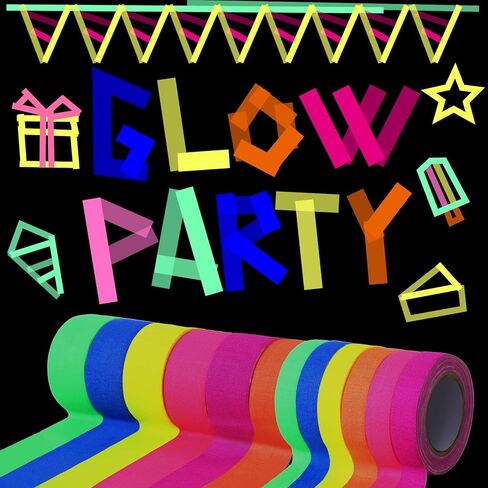 شريط Meanplan 12 لفة للأشعة فوق البنفسجية، 6 ألوان شريط نيون فلورسنت تفاعلي للضوء الأسود من القماش الملون يتوهج في الظلام لوازم حفلات النيون لتزيين غرفة الحفلات المتوهجة في الهالوين in Kuwait