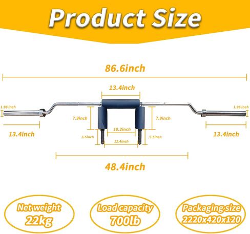 Fitness Safety Squat Bar 700LB,Safety Squat Barbell With 2 Xbarbell Clips,Neck & Shoulder Pad,Weight Squat Bar Fits 2" Olympic Plates(Without Weights) in Kuwait