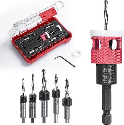 5 Pcs Countersink Drill Bit Set with Low Friction Depth Stop,1/4" Hex Shank,HSS M2 Tapered Bits 1/8" 9/64" 5/32" Drill+3/8" 82° Counter-Bore,11/64" 3/16" Drill+ 1/2" 82° Counter Bore (Red) in Saudi Arabia