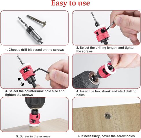 5 Pcs Countersink Drill Bit Set with Low Friction Depth Stop,1/4" Hex Shank,HSS M2 Tapered Bits 1/8" 9/64" 5/32" Drill+3/8" 82° Counter-Bore,11/64" 3/16" Drill+ 1/2" 82° Counter Bore (Red) in Saudi Arabia