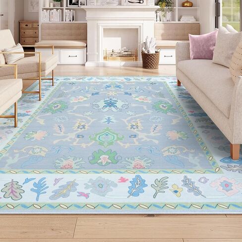 LIVEBOX Non Slip Oushak Rug, Washable 8'x 10' Area Rug for Living Room, Large Boho Rug for Nursery, Flatwoven Mat Turkish Indoor Carprt for Kids Bedroom, Dining Room, Home Office, Blue and Pink in Saudi Arabia