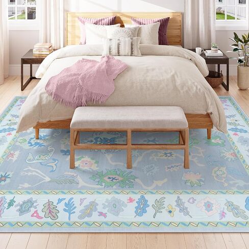 LIVEBOX Non Slip Oushak Rug, Washable 8'x 10' Area Rug for Living Room, Large Boho Rug for Nursery, Flatwoven Mat Turkish Indoor Carprt for Kids Bedroom, Dining Room, Home Office, Blue and Pink in Saudi Arabia