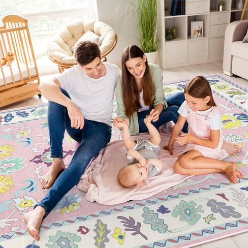 سجادة LIVEBOX غير قابلة للانزلاق، سجادة منطقة قابلة للغسل مقاس 8 × 10 بوصة لغرفة المعيشة، سجادة بوهو كبيرة للحضانة، حصيرة منسوجة مسطحة سجادة داخلية تركية لغرفة نوم الأطفال، غرفة الطعام، مكتب المنزل، أزرق ووردي in Kuwait