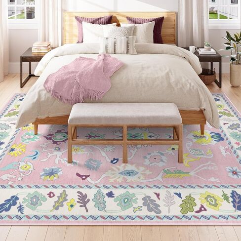 سجادة LIVEBOX غير قابلة للانزلاق، سجادة منطقة قابلة للغسل مقاس 8 × 10 بوصة لغرفة المعيشة، سجادة بوهو كبيرة للحضانة، حصيرة منسوجة مسطحة سجادة داخلية تركية لغرفة نوم الأطفال، غرفة الطعام، مكتب المنزل، أزرق ووردي in Kuwait