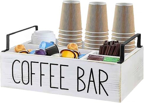 Coffee Station Organizer for Countertop, Wooden Coffee Bar Organizer with Handle, Farmhouse Coffee Bar Accessories Organizer, Coffee and Tea Condiment Storage Organizer (White) in Saudi Arabia