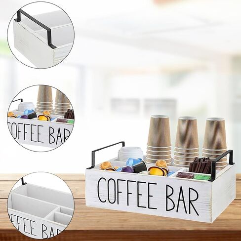 Coffee Station Organizer for Countertop, Wooden Coffee Bar Organizer with Handle, Farmhouse Coffee Bar Accessories Organizer, Coffee and Tea Condiment Storage Organizer (White) in Saudi Arabia