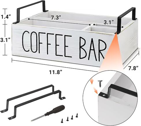 Coffee Station Organizer for Countertop, Wooden Coffee Bar Organizer with Handle, Farmhouse Coffee Bar Accessories Organizer, Coffee and Tea Condiment Storage Organizer (White) in Saudi Arabia