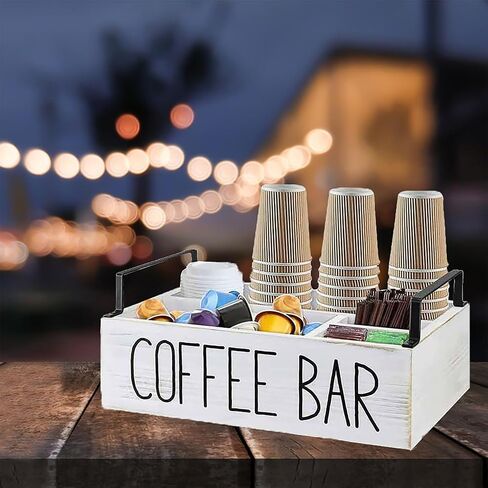 Coffee Station Organizer for Countertop, Wooden Coffee Bar Organizer with Handle, Farmhouse Coffee Bar Accessories Organizer, Coffee and Tea Condiment Storage Organizer (White) in Saudi Arabia