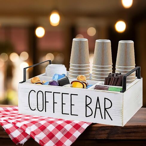 Coffee Station Organizer for Countertop, Wooden Coffee Bar Organizer with Handle, Farmhouse Coffee Bar Accessories Organizer, Coffee and Tea Condiment Storage Organizer (White) in Saudi Arabia