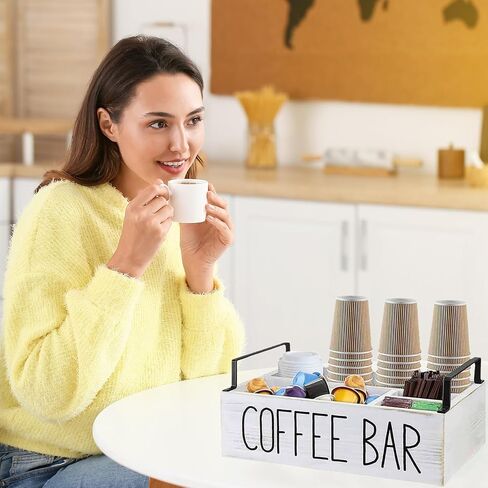 Coffee Station Organizer for Countertop, Wooden Coffee Bar Organizer with Handle, Farmhouse Coffee Bar Accessories Organizer, Coffee and Tea Condiment Storage Organizer (White) in Saudi Arabia