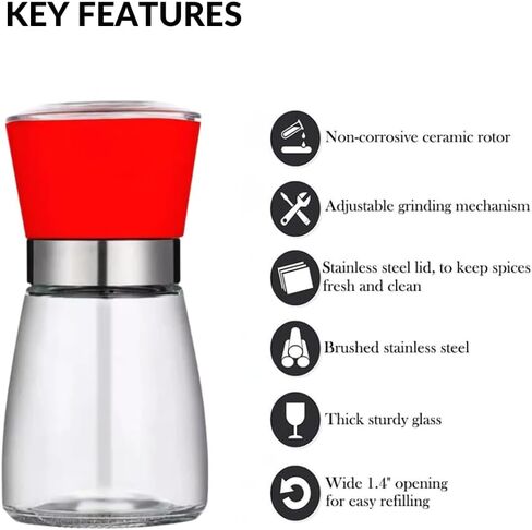 مطحنة فلفل سعة 6 أونصة، مطحنة ملح وفلفل قابلة لإعادة الملء (عبوة فردية) مطحنة فلفل أحمر، مطحنة ملح وفلفل من الفولاذ المقاوم للصدأ مع دوار سيران in Kuwait