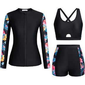 Kate Kasin Women's 3 Piece Rash Guard UV Sun Protection Long Sleeve Swimsuits Built-in Bra Zip Up Swim Shirts with Boyshorts