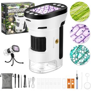 Microscope for Kids, 1000X Portable Pocket Microscope Miniscope, with 2" LCD Screen Handheld Kids Microscope,Adjustable LED, 600mAh Battery, USB to PC,32G SD Card, for Kids 8-12-White