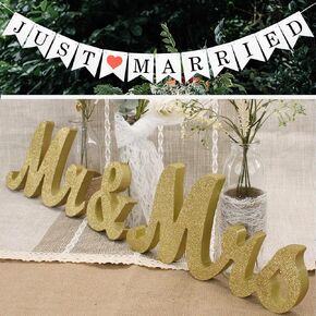 Mr & Mrs Wooden Letters for Wedding Table, Golden Large Mr. and Mrs. Sweetheart Table Decoration, Mister and Miss Wood Sign， Mr and Ms Wedding Present (Mr&Mrs-Golden)