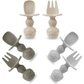 PandaEar 6 Pack Silicone Baby Spoons and Fork Feeding Set- Anti-Choke First Self Feeding Utensils for Baby Led Weaning Ages 3 Months (Blue, Green&Tan)