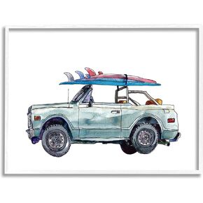 Stupell Industries Retro Beach Cruiser with Surfboard Minimal Illustration, Design by Paul McCreery White Framed Wall Art, 24 x 30