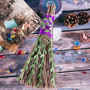 Witches Broom Handmade Altar Protection Besom Amethyst Pentacle Pendant Set Wicca Ritual Broom for Witchy Decor,Majic Ceremonial,Halloween Décor