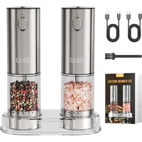2Pack Electric Salt and Pepper Grinder Set with Tray USB Rechargeable Pepper Grinder Mill with LED Light Adjustable Coarseness Large Capacity Automatic Gravity Pepper Grinder for Kitchen