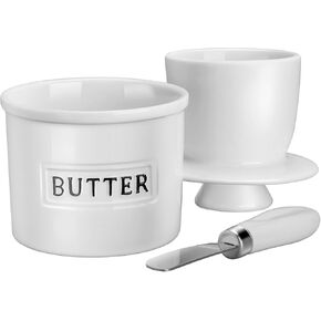 French Butter Crock with Spreader, The Original Porcelain Butter Dish for Counter, Gift for Mother’s Day, Thanksgiving, Christmas,Color: White Crock with Black Logo