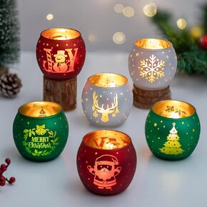 Hewory Christmas Votive Candle Holders: Christmas Tealight Candle Holder Set of 6, Frosted Spherical Glass Candle Holder Centerpiece Christmas Decorations for Dinner Table Fireplace Holiday Party