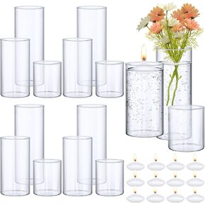 Jinei 12 Pack Glass Cylinder Vases Floating Candle and Clear Flower Vase Set Floating Candle Holders Centerpiece Vases for Table Home Wedding Decoration(White Candle, 3.3 x 4'', 3.3 x 6'', 3.3 x 8'')