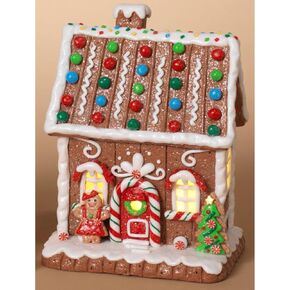 One Holiday Way 7.5-Inch Light Up LED Christmas Faux Gingerbread House Figurine with Man and Candy Accents – Prebuilt Lighted Village Decoration – Xmas Tabletop Home Decor