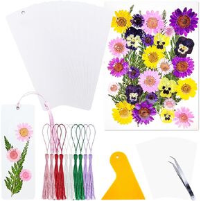 مجموعة الإشارات المرجعية الفارغة من Cardstock، 6 قطع من الإشارات المرجعية للحرف البيضاء للزهور المضغوطة، مجموعة صنع الإشارات المرجعية للزهور المجففة مع 22 قطعة من الزهور المضغوطة، 6 قطع من الشرابات، إشارات مرجعية للزهور المجففة