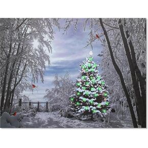 BANBERRY DESIGNS Lighted Christmas Canvas Print - Xmas Trees and Cardinals - Snowy Day in the Woods - LED Holiday Scene - 15.75" x 11.75"