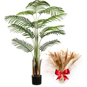 Artificial Palm Tree 5ft Tall Fake Palm Tree with Real Touch Leaves and Adjustable Branches Artificial Palm Plant Include Dried Pampas Grass Fake Tree for Home Office Decor Indoor