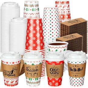 300 Pcs Christmas Disposable Coffee Cups with Lids and Sleeves 12 Oz Christmas Paper Cups Christmas Drinking Cups Hot Cocoa Chocolate Cups Party for Xmas Holiday Daily Holiday (Classic Style)