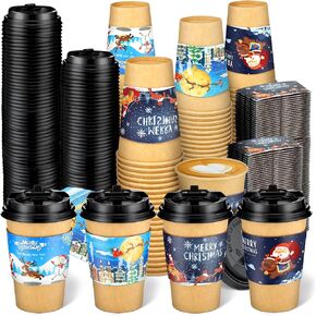 300 Pcs Christmas Disposable Coffee Cups with Lids and Sleeves 12 Oz Christmas Paper Cups Christmas Drinking Cups Hot Cocoa Chocolate Cups Party for Xmas Holiday Daily Holiday (Classic Style)