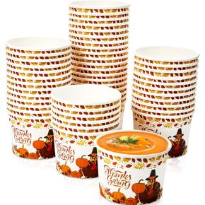 50 Pack 9 oz Thanksgiving Day Disposable Paper Cups Fall Themed Disposable Dessert Bowls Paper Snack Cups Paper Soup Cups Fall Party Supplies for Hot or Cold Food Party Supplie(Turkey)