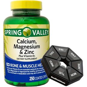Bundle: Spring - Valley Calcium, Magnesium & Zinc Plus Vitamin D3 Coated Caplets, 250 Count + GoodDealsHouse Weekly Pillbox