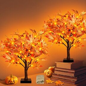 FastDeng 1.5ft Lighted Maple Tree, Artificial Fall Maple Tree with 36 LED Lights, 72 Leaves,6 Acorns, Autumn Tabletop Tree with Burlap Base for Indoor Fall Harvest, Thanksgiving Decorations (2Pack)