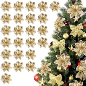 12 Pcs Poinsettia Flowers Artificial Christmas Decorations,Artificial Red Poinsettia Flowers for Christmas Tree,Fake Glitter Poinsettia 5.5" with Stems Clips for Outdoor Home Decor(Red Gold)