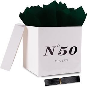 JWSCYSY Black Gold 8.7" Medium 50th Happy Birthday Gift Box with Lid, Ribbon and Tissue Papers, Metallic Gold Printing Gift Wrap Box for Men Women 50th Birthday Party Supplies, Anniversary.