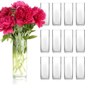 12 Pack 10"x4" Big Clear Glass Cylinder Vases for Centerpieces, Flower Vases for Wedding Decorations, Bulk Cylinder Flower & Plant Vases, Hurricane Glass Candle Holders and Floating Candle Vases