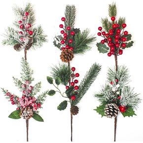 Grunyia 6 Kinds Artificial Christmas Tree Picks with Red Berry Pine Branches & Flower Pick - Perfect for Festive Season Decor & Wreaths to Brighten Your Holiday Spirit