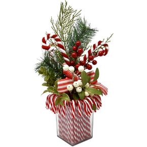 Artificial Christmas Flowers Plant Pot Decorations Xmas Floral Tabletop Centerpiece Arrangement 14" Red & White Peppermint Candy Canes Berries Pine for Desk Shelf Mantle Kitchen Holiday Party Decor