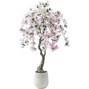Bougainvillea Artificial Tree, 72in tall Faux Tree Indoor with Blooming Flower and Green Leaves, 6Ft Fake Flower Tree with White Decorative Planter for Indoor & Outdoor Office and Home Decor.