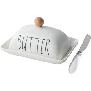 oskas Farmhouse Decorative Kitchen Countertop Porcelain Butter & Cream Cheese Dish with Lid,Butter Keeper with Cover for East West Coast Butter,White