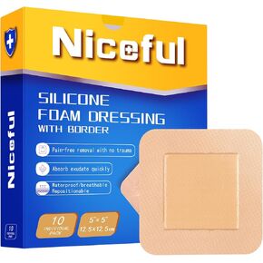 Silicone Foam Dressing with Gentle Adhesive Border 5"x 5" (Pack of 10)，High Absorbency Waterproof Silicone Wound Bandage for Wound Care, Bed Sore