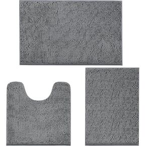 LINLA 3 Pieces Bathroom Rug Set, Absorbent Non Slip Chenille Bath mat, Thick Plush Chenille Carpet Mats Set,Washable Dry Quickly with U-Shaped Toilet Mat for Tub, Shower（Grey）