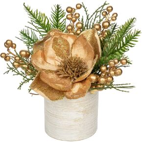 12 inch Red Christmas Table Centerpiece 5" Glitter Magnolia Flower and Red Berries Fir Greenery Artificial Christmas Floral Centerpiece in Golden Ceramic Pot Christmas Tabletop Arrangement Decor
