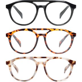 KoKoBin Aviator Round Reading Glasses for Men and Women,3 Pairs Oversized Blue Light Blocking Spring Hinge Readers