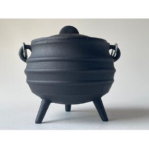 Large Cast Iron Ribbed Cauldron with Lid and Handle, Ribbed Style 5.5" Diameter, Perfect for Smudging, Incense Burning, Ritual, Decoration