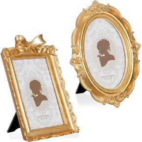Qunclay 2 Pcs Vintage Photo Frames 4x6 Antique Picture Frames Baroque Ornate Resin Rectangle Oval Frames Tabletop and Wall Hanging Frames with Glass Front for Home Wedding(Gold,4 x 6 Inches)